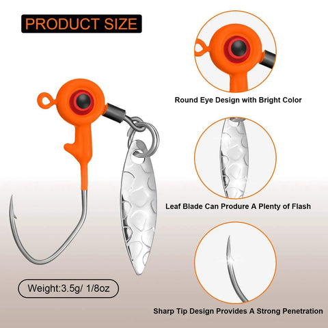 Dope 15 Piece Fishing Jig Heads With Spinner Hooks In Vibrant Mixed Hues Perfect For Crappie And Runner Bass Includes Solid Plastic Tackle Case 1/8 Oz Freshwater Tackle Kit featuring orange round eye jig head, sharp hook, and leaf blade design.