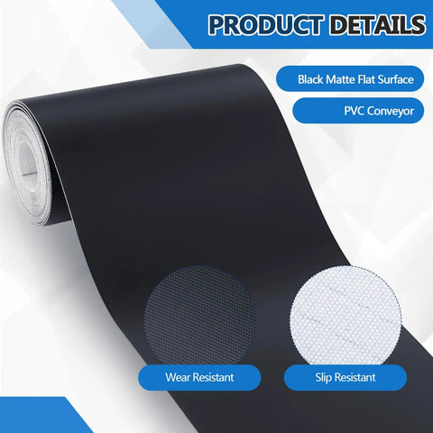 Heavy Duty Black Conveyor Belt 12 Inch Wide 25 Foot Long PVC Fabric Drive Belt with black matte surface and texture details