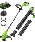 Tackle Stubborn Weeds Fast With This Heavy Duty 24V Brushless String Trimmer And 270 Cfm Electric Leaf Blower Combo Plus Reliable 20 Ah Battery Pack For Epic Yard Hustle components including trimmer, blower, battery, and charger.