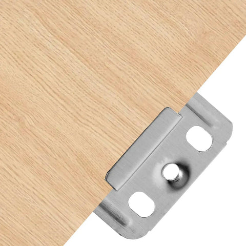 Solid Stainless Steel Wall Panel Connectors For Cabinets And Drywall, showing secure attachment to light wood surface.