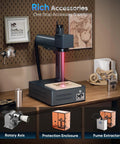 Desktop setup showing 20W Fiber Laser Engraver With Rotary Axis LightBurn Compatible Metal Marking Machine on workbench
