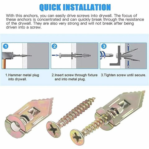 100 Sets Self Tapping Screws With Drywall Anchors Kit Self Drilling Dowels For Plasterboard Walls Premium Yellow Zinc Plated Carbon Steel Rust Resistant Fixings For Quick Easy No Prep Install DIY Ready Mounts, drywall anchor installation steps