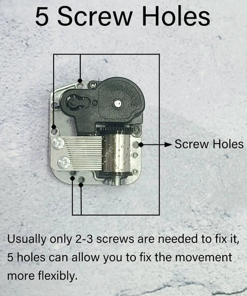 Close-up of 18 Note Wind Up Music Box Mechanism Plug And Play DIY Replacement Parts with 5 screw holes detail.