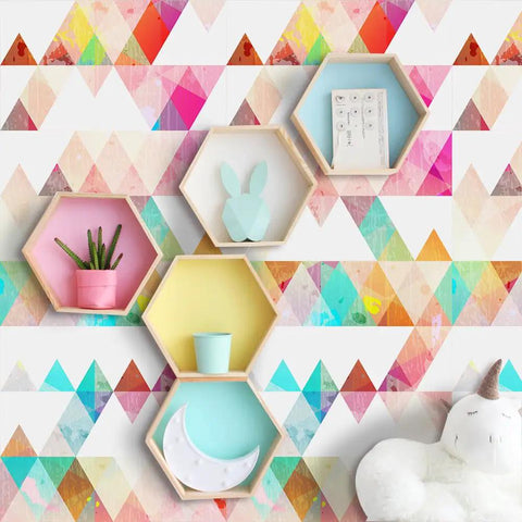 Removable Dope Colorful Geometric Triangle Wall Decals Set, Large Modern Abstract Peel And Stick Wallpaper Murals 250cm By 40cm