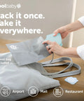 No Sweat Folding Travel Potty Training Seat For Little Ones With Super Simple Pull Tab And Compact Foldaway Design Seriously Rock Solid For Highway Rest Stops Museum Bathrooms And Weekend Getaways In Aqua, packed for travel in a grey tote bag.