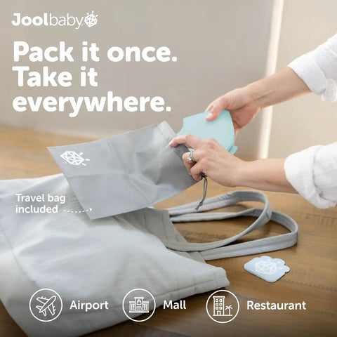 No Sweat Folding Travel Potty Training Seat For Little Ones With Super Simple Pull Tab And Compact Foldaway Design Seriously Rock Solid For Highway Rest Stops Museum Bathrooms And Weekend Getaways In Aqua, packed for travel in a grey tote bag.