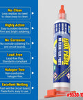 No Mess No Clean Soldering Flux Paste 9530 In A 10cc Syringe shown with product benefits like no-clean and lead-free features.