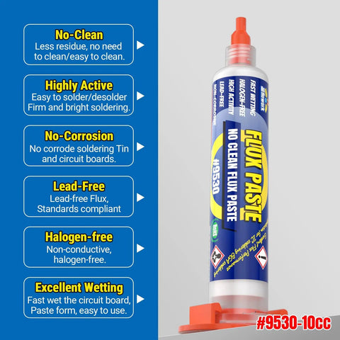 No Mess No Clean Soldering Flux Paste 9530 In A 10cc Syringe shown with product benefits like no-clean and lead-free features.