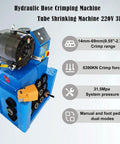 Built Tough Hydraulic Hose Crimper 220V 3 Phase 4 KW With 13 Die Set And Quick Release Foot Switch For High Pressure Steel And Iron Pipe Shrinker Real Shop Workhorse Handles Up To 2.72 Inch Tubing For Daily Use display showing crimp range and features.