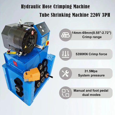 Built Tough Hydraulic Hose Crimper 220V 3 Phase 4 KW With 13 Die Set And Quick Release Foot Switch For High Pressure Steel And Iron Pipe Shrinker Real Shop Workhorse Handles Up To 2.72 Inch Tubing For Daily Use display showing crimp range and features.