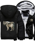 Heavyweight Fleece Hoodie For Men Full Zip Warm Lining Sweatshirt Jacket Thick Winter Hooded Sweatshirt With Cozy Inside And Breathable Polyester Non Shrink Design, featuring wolf print on back and inside view of fleece lining.