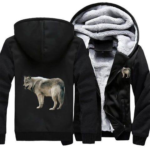 Heavyweight Fleece Hoodie For Men, Thick Full Zip Hooded Sweatshirt With Warm Inner Lining, wolf print detailing, open view