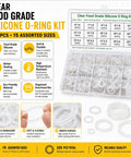 Clear Food Grade Silicone O Ring Set 225 Piece Seal Kit With A Wide Range Of Sizes For Food Safe Gaskets In Pneumatics Hydraulics Plumbing And Heat Exchangers Perfect For DIYers And Home Tinkerers; image shows box with various O-rings and size chart.