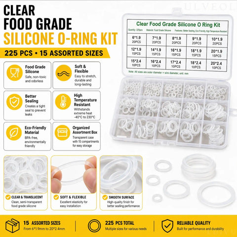 Clear Food Grade Silicone O Ring Set 225 Piece Seal Kit With A Wide Range Of Sizes For Food Safe Gaskets In Pneumatics Hydraulics Plumbing And Heat Exchangers Perfect For DIYers And Home Tinkerers; image shows box with various O-rings and size chart.
