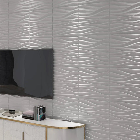 Wavy White PVC Wall Panels Pack Of 12, 19.7x19.7 Inches, Lightweight And Fire Resistant, mounted in living room behind TV and cabinet