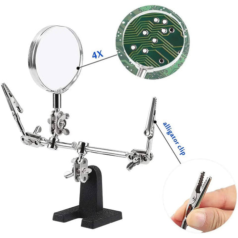 Helping Hand With Magnifying Glass For Soldering, Beefy Heavy Duty Cast Iron Base, Adjustable Ball Joints, 2 Alligator Clips