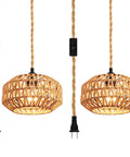 Two Pack Mini Rattan Plug In Pendant Lights Hand Woven Boho Ceiling Fixture With Switch Easy Install Home Upgrade For Bedroom Entryway Hallway Cozy Vibes hanging with woven texture and light bulbs