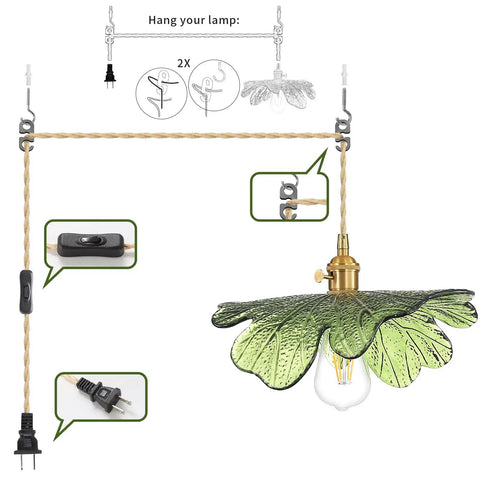Eemmwet Green Plug in Pendant Light Handmade Glass Hanging Light for Kitchen Island Bedroom Dining Room Living Room with adjustable cord