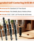 Heavy Duty Self Centering Drill Bit Set With Spring Guide Quarter Inch Hex Shank Kit For Cabinet Hinges Door Plates featuring 1/8, 7/64, 3/32 bits.