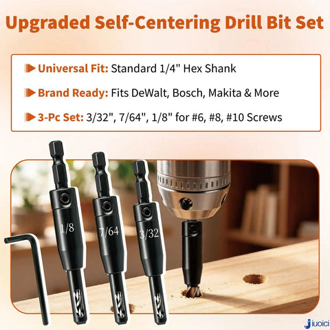 Heavy Duty Self Centering Drill Bit Set With Spring Guide Quarter Inch Hex Shank Kit For Cabinet Hinges Door Plates featuring 1/8, 7/64, 3/32 bits.