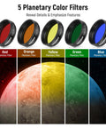 5 planetary color filters on display: red, orange, yellow, green, blue from 10 Pack 1.25 Inch Telescope Eyepiece Filter Set With Dope Planetary Color Filters Variable Polarizing UHC Lunar And Starglow For Moon Observation And Sick Sky Viewing.