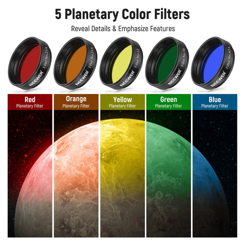 5 planetary color filters on display: red, orange, yellow, green, blue from 10 Pack 1.25 Inch Telescope Eyepiece Filter Set With Dope Planetary Color Filters Variable Polarizing UHC Lunar And Starglow For Moon Observation And Sick Sky Viewing.