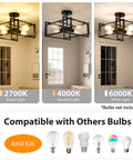 Black Farmhouse Semi Flush Mount Ceiling Light Fixture With Four Lights showcasing bulb compatibility and color temperatures