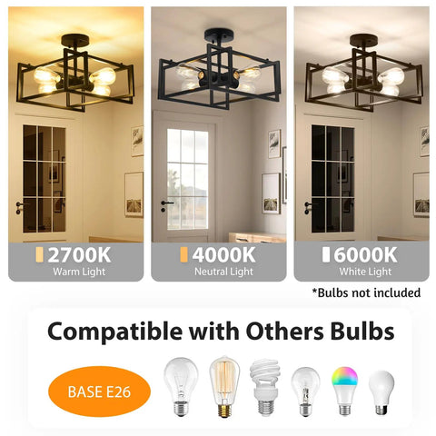 Black Farmhouse Semi Flush Mount Ceiling Light Fixture With Four Lights showcasing bulb compatibility and color temperatures