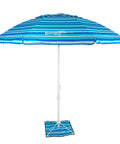 AnchorX 7 Ft Beach Umbrella Base System With Sand Anchor And Carrying Bag Portable Outdoor Market Umbrella SPF 50 Plus Protection Wind Stabilizing Design Blue Stripe For Your Beach Day Vibe, showing umbrella open with blue stripes