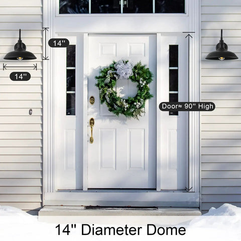 14 Inch Outdoor Gooseneck Barn Light With Wall Mount Black Industrial Exterior Fixture beside white door with wreath