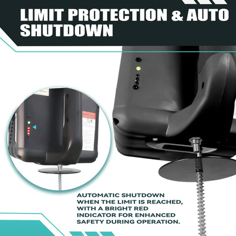 1500 Watt 3-in-1 Electric Hoist Winch 120V Portable Lifter With Remote Control Wired And Wireless Options 1100 Lbs Capacity showing limit protection and auto shutdown features.