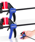 Set of two six inch mini bar clamps for woodworking, featuring one handed clamp and spreader, light duty F clamp with screw release.