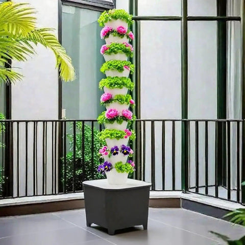 Hydroponic Growing System Kit With Aeroponic Tower 50 Hole Vertical Garden For Vegetables Herbs And Flowers Includes Pump And Mobile Water Tank in patio setting