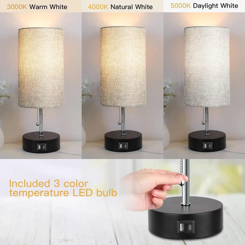 Three Color Temperature Bedside Lamp With USB A Port And USB C Port, No Frills Compact Nightstand Table Lamp For Bedroom And Living Room, 9W LED Bulb Included, Pull Chain Dimmable, Gray Finish shown with three color temperatures and pull chain close-up.