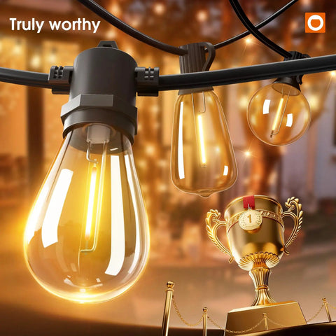 Close-up of 200 Ft LED Outdoor String Lights With Shatterproof Edison Bulbs, Heavy Duty Weatherproof Commercial Grade Patio And Garden Lights.