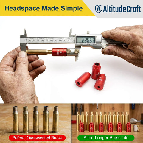 Headspace Gauge Comparator Kit With 6 Bushings for reloading, digital caliper measuring brass case length.