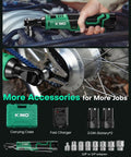 Cordless Electric Ratchet Wrench Set Delivers Forty Foot Pounds Of Torque At Four Hundred RPM Twelve Volt Three Eighths Inch Capacity Includes Seven Sockets And One Quarter Inch Adapter Forward And Reverse Switch Two Batteries And Charger Lightweight And with accessories and carrying case shown.