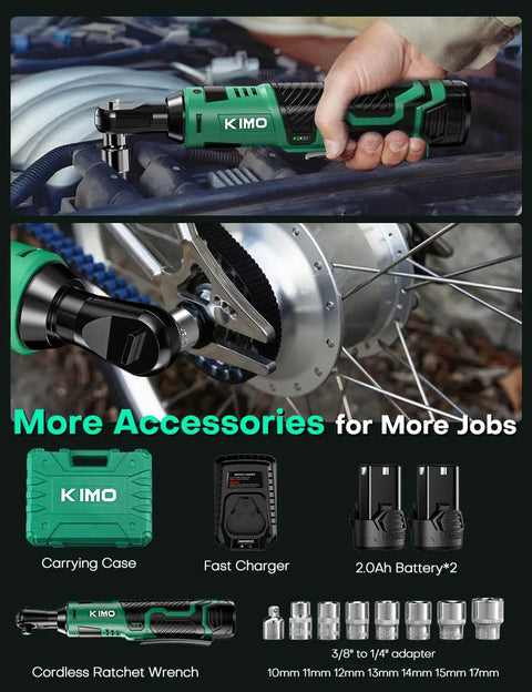 Cordless Electric Ratchet Wrench Set Delivers Forty Foot Pounds Of Torque At Four Hundred RPM Twelve Volt Three Eighths Inch Capacity Includes Seven Sockets And One Quarter Inch Adapter Forward And Reverse Switch Two Batteries And Charger Lightweight And with accessories and carrying case shown.