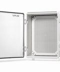 Heavy Duty IP67 Waterproof Junction Box Outdoor Electrical Enclosure With Hinged Clear Cover, opened to show interior.