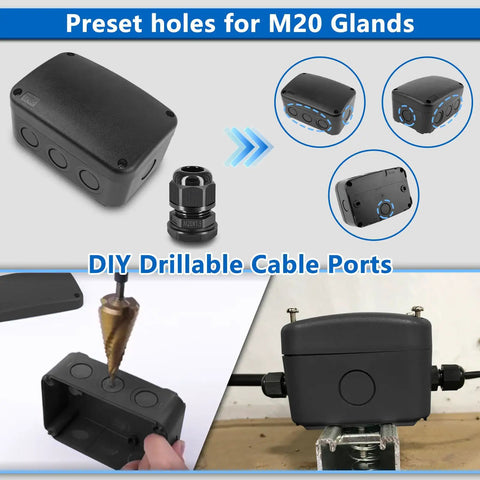 IP66 Outdoor Junction Box 125 X 86 X 62 Millimeters Black 100 Pack Heavy Duty Weatherproof Electrical Enclosure For DIY Solar CCTV And LED Projects Dust Tight And Rainproof For Harsh Outdoor Conditions with M20 gland holes