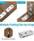 180 Degree Foldable Screw On Hinge With Flap Design shown installed on wooden box at 90 and 180 degrees