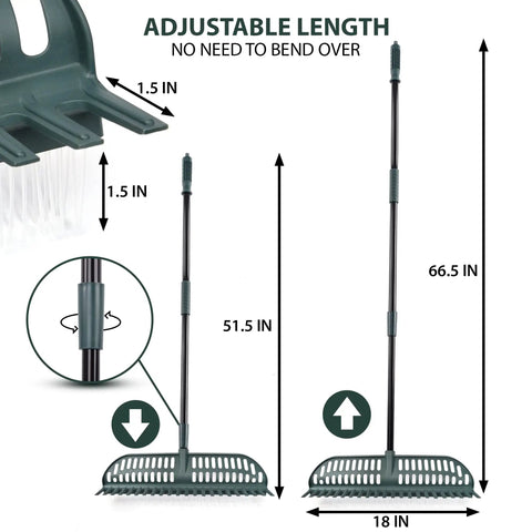 All In One Turf Rake For Artificial Grass And Carpets With A 63 Inch Telescoping Handle And 18 Inch Wide Brush Includes Gloves