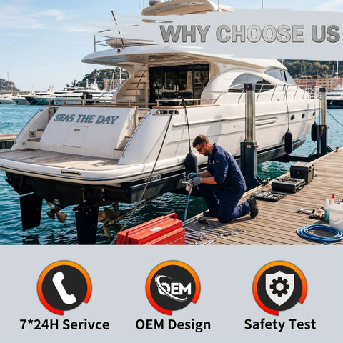 Technician installing 12V Hydraulic Power Unit Replacement For Trim Tab Pumps With Dual Solenoid Valves Marine Grade HPU on yacht