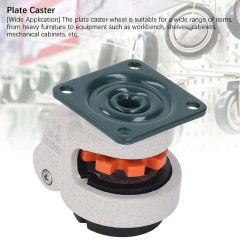 Heavy Duty Leveling Casters With Height Adjustable Pads And Smooth Rolling Wheels For Workbenches And Cabinets That Are Built Like A Tank And Handle Serious Weight Without Breaking A Sweat - close-up of plate caster with orange and black components.