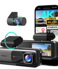 4K Front And Rear Dash Cam With 170 Degree Ultra Wide View, Boss ADAS Safety, Night Vision, built in GPS, display screen