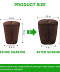 Pro Grade Grow Sponges Seed Starter Plugs before and after soaking, with dimensions for soil or trays, organic peat and coco coir.