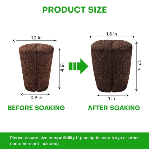 Pro Grade Grow Sponges Seed Starter Plugs before and after soaking, with dimensions for soil or trays, organic peat and coco coir.