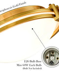 Close-up of Gold 2-Light Flush Mount Ceiling Light With Milk Glass Shade, Brass Finish detailing and E26 bulb base