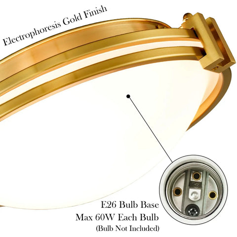 Close-up of Gold 2-Light Flush Mount Ceiling Light With Milk Glass Shade, Brass Finish detailing and E26 bulb base