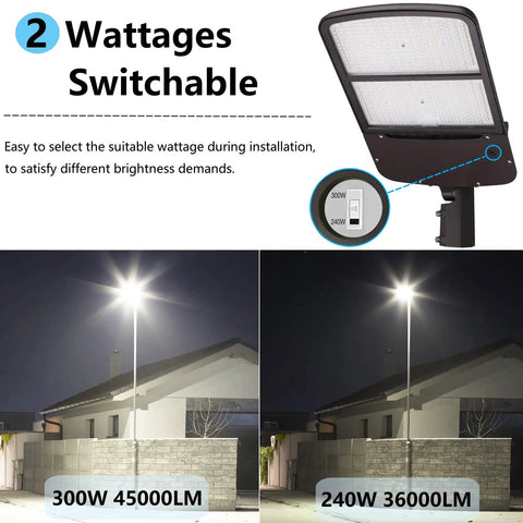 300W Outdoor LED Parking Lot Light With Slip Fitter Mount shown switchable to 240W, illuminating residential area at night.